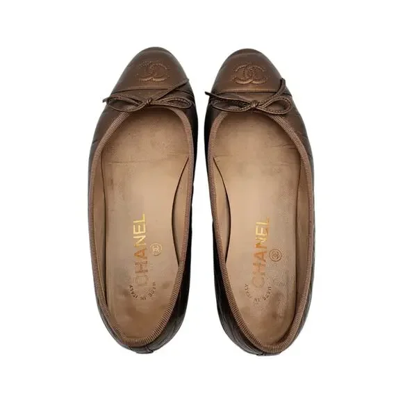 Chanel CC Cap Toe Ballet Flat Slipper Brown Bronze Leather Size 36.5 US 5.5 6 - Picture 4 of 11